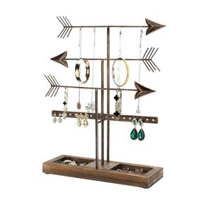 3 niveaux Rustique Bronze Métal Flèches Design Bijoux Boucle D'oreille Collier Organisateur Tour Rack Bois Brûlé Anneau Rectangle pour L'exportation - Product Image 1