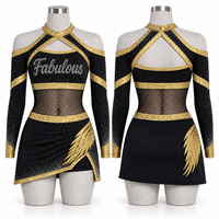 Uniforme de cheerleading personnalisé pour femmes, robe à manches longues noire et or avec strass et maille extensible