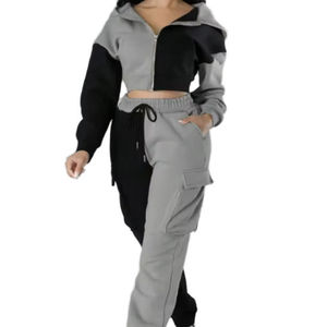 Conjunto deportivo de dos piezas con capucha y bloques de color para mujer, con cremallera, informal, para otoño - Product Image 1