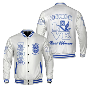 Zeta Phi Beta 1920 Sorority Greek Life Blue <b>White</b> Varsity Letterman <b>Jacket</b> ZPB Chenille Patch Founders Style Gear - Product Image 3