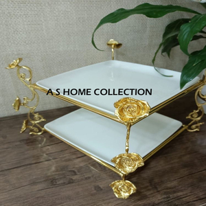 <b>Set</b> of 2 Aluminum Golden Leaf Branch Decoration <b>Cake</b> <b>Stand</b> and Platter Exclusive Quality Multi Purpose Stainless Steel Metal - Product Image 2