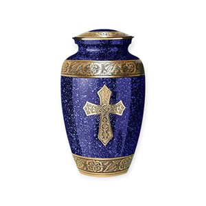 Matte Black Cremation Urn with Gold Cross Emblem and Decorative Floral Bands for Faithful <b>Memorial</b> Display - Product Image 3