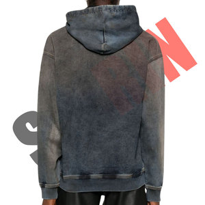 Quantité minimale de commande bas fabriqué en usine sur mesure unisexe Track denim pull à capuche mélange de coton finition en détresse cordon capuche goutte épaule - Product Image 5