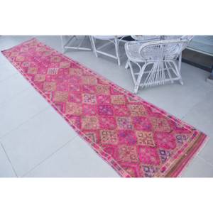 Tapis de couloir vintage, tapis turc 2,6x12,8 pieds, tapis oriental en laine rose - Product Image 4