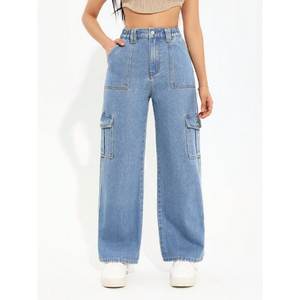 Pantalon cargo en jean stretch écologique de luxe taille haute Y2K bleu glace pour femme, multipoches, coupe droite, style décontracté urbain - Product Image 5