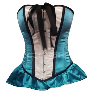 Overbust Steelboned Two Tone Satin Corset <b>Top</b> With Frill And Front Ribbon - Product Image 1