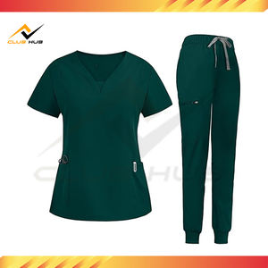 Vente en gros Ensemble de costumes d'hôpital modernes pour femmes avec logo personnalisé Haut à col en V et pantalon de jogging à jambe fuselée en tissu tissé - Product Image 3