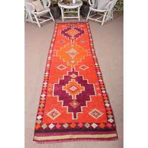 Turkish Rug, <b>Runner</b> 3x11.6 ft Vintage Rug, Orange <b>Red</b> Animal Print Wool Rug - Product Image 1