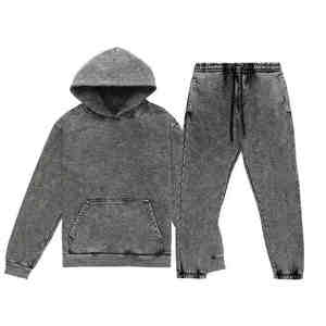 Baggy Fit Acid Wash Men 450 100% Cotton Sweatsuit Rhinestone Hoodie And Pants Streetwear Casual Wholesale OEM - Product Image 1