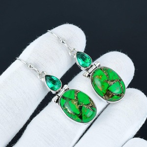 925 Sterling <b>Silver</b> Plated Bohemian Style Fashionable Green Cooper Turquoise Oval Gemstone Natural Bezel Anniversary <b>Earrings</b> - Product Image 1