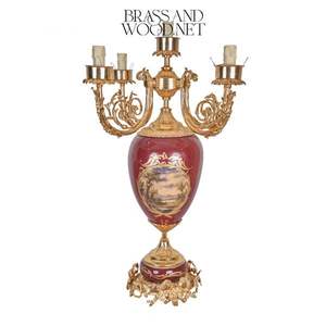 Porcelain Table <b>Lamp</b> with Red Hand Painted <b>Base</b> Antique Brass Five Arm Design and Glass Shades for Classic Luxury Interiors - Product Image 2