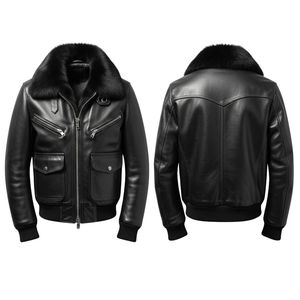 Blouson d'hiver vintage en cuir et fourrure pour homme, style motard rétro, logo frontal, pour les clients de gros et d'exportation - Product Image 5