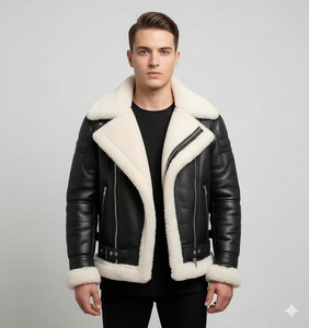 OEM Custom New Arrival Hot Selling <b>Men</b> Genuine Cow Skin High Street Waterproof Windproof Breathable <b>Shearling</b> <b>Jacket</b> Biker - Product Image 1