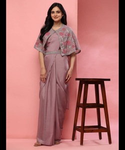 Indio katan Sari último diseñador fiesta desgaste boda damas mujeres desgaste Georgette seda bordado trabajo saris con blusa - Product Image 6