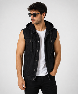 Premium Saleh Enterprises Unisex Vintage Hooded <b>Sleeveless</b> <b>Denim</b> Vest Washed Jean <b>Jacket</b> 100% Cotton Casual Fashion Streetwear - Product Image 2