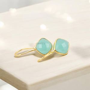 925 Sterling Silver <b>Fine</b> <b>Dangle</b> <b>Earrings</b> Handmade Natural Aqua Chalcedony Faceted Gemstone Jewelry Gold Plated Statement Jewelry - Product Image 2