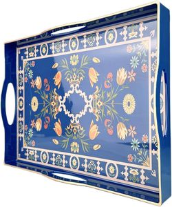 Plateau de service décoratif en bois bleu bohème rectangulaire pour table basse avec technique de gravure écologique pour les fêtes de mariage - Product Image 6