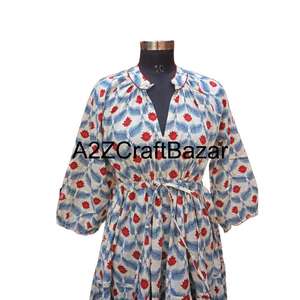 Robe midi décontractée pour femme, faite à la main, col en V, respirante, lavage à sec, coupe ample, motif floral imprimé Himanshi, 100% naturelle - Product Image 3