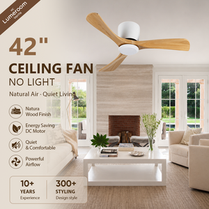 Ventilateur de plafond scandinave de 42 pouces sans lumière, en bois massif, 3 pales, profil bas, montage encastré, moteur DC, télécommande pour chambre à coucher - Product Image 1