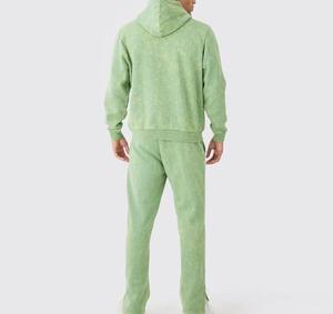 Ensemble survêtement en coton 2 pièces pour homme, pantalon de survêtement à jambes évasées à capuche, effet délavé à l'acide, effet délavé au soleil, broderie, streetwear - Product Image 5