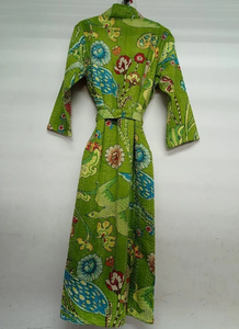 Peignoir long en coton Kantha unisexe fait à la main de luxe Kimono Boho imprimé paon vert Robe cadeau printemps été pour demoiselles d'honneur - Product Image 4