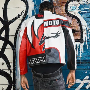 <span class=keywords><strong>Blouson</strong></span> bombardier personnalisé en similicuir pour hommes veste de motard de course de moto de rue mince avec col montant et logo avant - Product Image 6