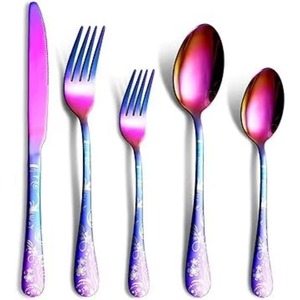 Couverts en acier inoxydable finis à revêtement multicolore à manche rond, couverts allant au lave-vaisselle pour la maison, la fête de mariage, lot de 5 - Product Image 1
