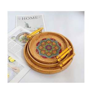 Plateau en rotin rond moderne fait à la main taille personnalisée incrustation de coquille de nacre plateau de service décoration de la maison plateau d'incrustation de coquillage - Product Image 1