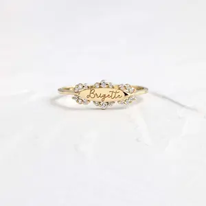 Nuovo Arrivo <span class=keywords><strong>Anello</strong></span> Sigillo Incisionabile in Argento 925 Placcato Oro 14K con Lettera Nome e Diamanti Pavé in <span class=keywords><strong>Filigrana</strong></span>, Regalo Souvenir - Product Image 1