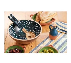 Ensaladera de madera hecha a mano con estampado de esmalte de calidad con utensilios, cuenco de vajilla ecológico y elegante para ensaladas de frutas - Product Image 1