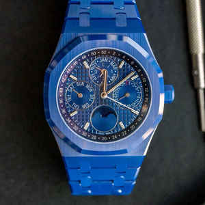 Reloj automático de acero inoxidable azul de lujo para hombre, calendario, cronógrafo de fase lunar, reloj de pulsera de moda de negocios multifunción - Product Image 1