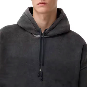 เสื้อฮู้ดดี้ผู้ชายสไตล์วินเทจ ล้างสีแบบแอซิด ผ้าเฟรนช์เทอร์รี่เนื้อหนา แขนยาวสองชั้น ตกแต่งลายปะติด ผ้าฝ้าย 100% สำหรับฤดูหนาว - Product Image 4