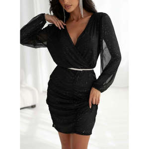Vestido mini de gasa con estampado brillante y cuello cruzado de manga larga, elegante, para mujer, de Jane, forrado, sin cinturón, modelo 31630 - Product Image 2