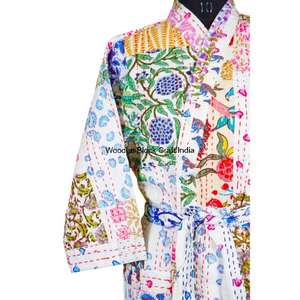 Handmade 100% Organic Cotton Kantha Quilted Jacket Women Summer Kimono Style Long Winter <b>Cardigan</b> Spring Eco-Friendly - Product Image 5