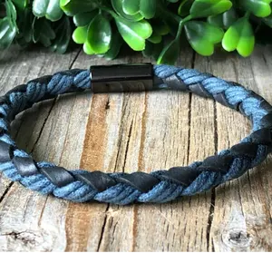 Round Cord Bracelet, Leather and Fabric Bracelet Bracelet <b>Men</b>, Nautical Rope Bracelet, Surfer Bracelet - Product Image 1