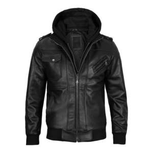 Veste noire à capuche amovible en cuir pour hommes avec design personnalisé et logo zip fermer poitrine une poche et zip - Product Image 2