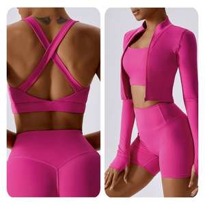 Ensemble de sport cinq pièces uni pour femme : soutien-gorge de sport, veste à manches longues, short taille mi-haute – Idéal pour la gym, le yoga et le fitness - Product Image 3