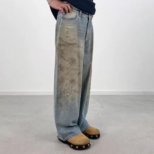 Venta al por mayor de pantalones de mezclilla de pierna ancha rasgados personalizados de los hombres desgastados pantalones vaqueros de corte suelto con rayas laterales Oem pedidos - Product Image 4