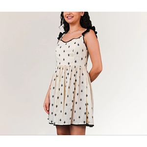Women's Ivory 100% Cotton A-Line Slim Fit Casual Sleeveless Printed Mini Dress with Embroidery Breathable and Natural Waistline - Product Image 6