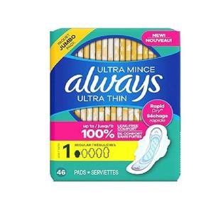 Achetez Always Ultra Thin Pads with Wings Taille 1 Regular 46 Count Soft Leak Guard Comfortable Absorbant à vendre pas cher - Product Image 1