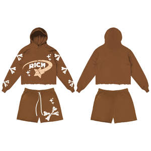 Ensembles de sport de rue 100% coton pour hommes, 2 pièces, short et haut court à capuche, unisexe, pour l'été - Product Image 3