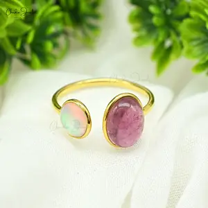 Neuzugang natürlicher rosa Tourmalin Manschettenring 14K Gelbgold 0,46 Ct Äthiopischer Opal Edelstein einstellbarer Ring 2-Stein-Ring