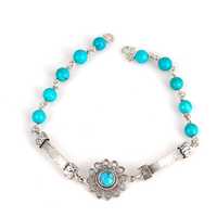 Pulsera de Plata Tibetana 925 con Piedra Redonda Azul en Forma de Flor y Engaste de Bisel, Brazalete Articulado para Mujer - Joyería de Moda, Regalo