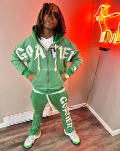 Ensemble de survêtement pour homme, hiver, uni, épais, avec surpiqûres contrastées, haute qualité, 2 pièces, style vintage, à capuche - Product Image 2