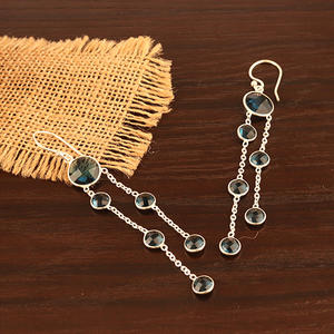 Luxe élégant petit rond à facettes londres bleu quartz lunette ensemble longue chaîne boucles d'oreilles argent plaqué lustre boucle d'oreille cadeau pour elle - Product Image 5