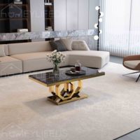 Ensemble de tables basses modernes de luxe en acier inoxydable doré pour salon, mobilier de maison avec plateau en pierre frittée marbrée claire