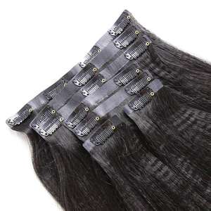 High Grade Quality Yaki <b>Straight</b> Seamless Natural Black Color Clip in <b>Kinky</b> <b>Hair</b> Extension Cuticle Aligned Bundle <b>Hair</b> Wholesale - Product Image 1