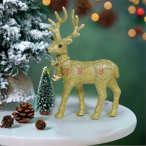 Reno dorado con purpurina, decoración navideña, figura de ciervo de mesa brillante con acento de campana, hecho a mano en la India - Product Image 2