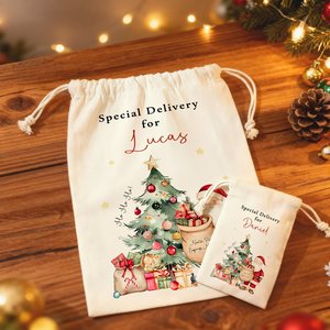 Personalized Large <b>Canvas</b> <b>Drawstring</b> Gift <b>Bag</b> Santa Claus Christmas Tree Theme Name Title for Family Friends' Gifts Christmas - Product Image 6
