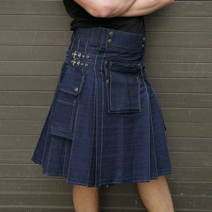 Kilt Moderno de Mezclilla Azul Marino para Hombre, con Costuras en Contraste y Bolsillos Tipo Cargo, Estilo Escocés - Product Image 2